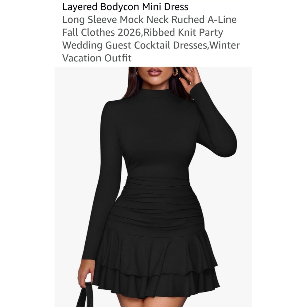 PrettyGarden Black Mock Neck Long Sleeve Ruffle Hem Bodycon MiniDress NWT Size M